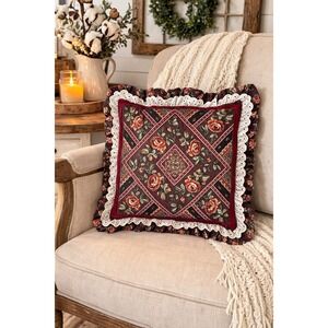 Vintage 80s Floral Patchwork Quilt Pillow 16x16 Cottage Farmhouse Ruffle